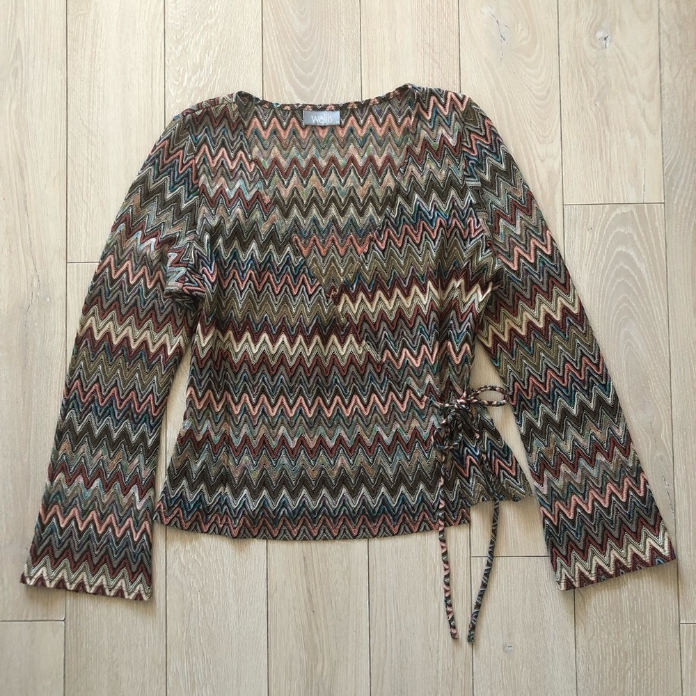 Wallis Faux Wrap Crochet Style Flare Long Sleeve Top Size 14